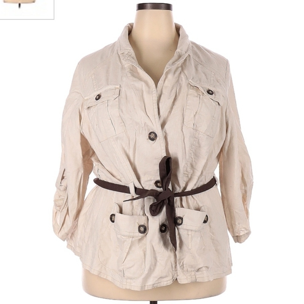 Lane Bryant Tan Tie Waist Military Jacket Linen Blend Women's Plus Size 22 EUC